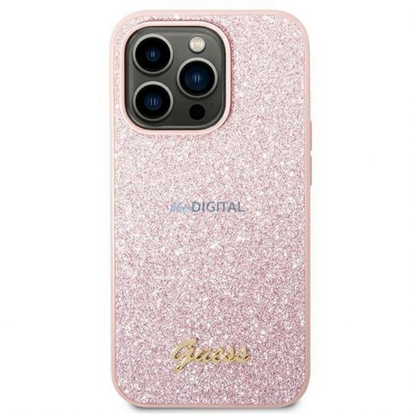 Husă originală GUESS GUHCP14XHGGSHP pentru iPhone 14 PRO MAX (Glitter Flakes Script Metal Logo / roz)