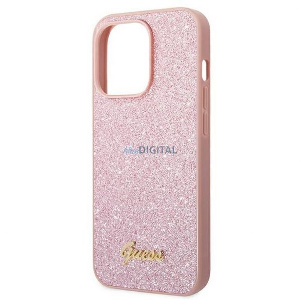 Husă originală GUESS GUHCP14XHGGSHP pentru iPhone 14 PRO MAX (Glitter Flakes Script Metal Logo / roz)