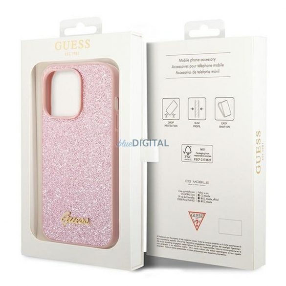 Husă originală GUESS GUHCP14XHGGSHP pentru iPhone 14 PRO MAX (Glitter Flakes Script Metal Logo / roz)