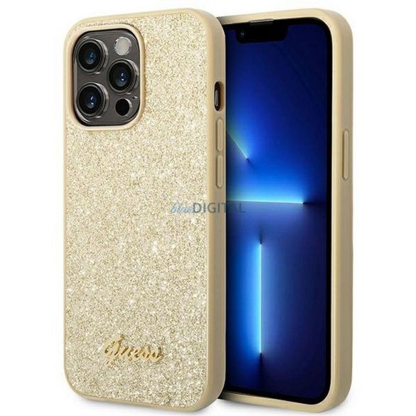 Husă originală GUESS GUHCP14LHGGSHD pentru iPhone 14 PRO (Glitter Flakes Script Metal Logo / auriu)