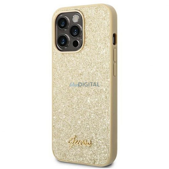 Husă originală GUESS GUHCP14LHGGSHD pentru iPhone 14 PRO (Glitter Flakes Script Metal Logo / auriu)