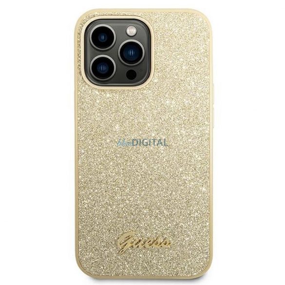 Husă originală GUESS GUHCP14LHGGSHD pentru iPhone 14 PRO (Glitter Flakes Script Metal Logo / auriu)