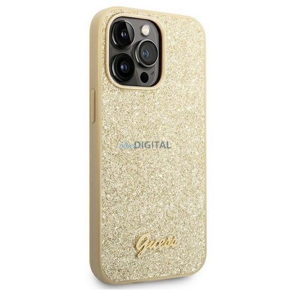 Husă originală GUESS GUHCP14LHGGSHD pentru iPhone 14 PRO (Glitter Flakes Script Metal Logo / auriu)