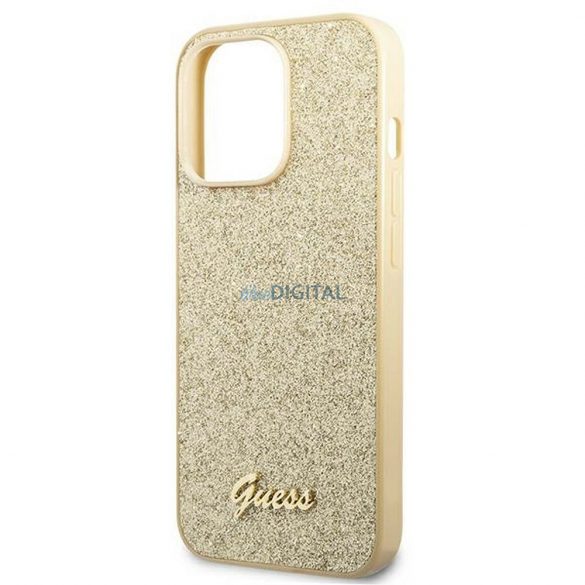 Husă originală GUESS GUHCP14LHGGSHD pentru iPhone 14 PRO (Glitter Flakes Script Metal Logo / auriu)