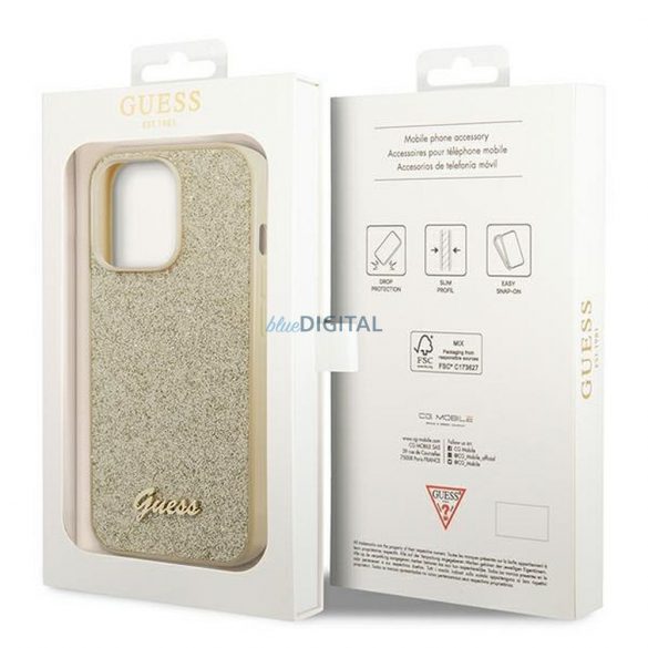 Husă originală GUESS GUHCP14LHGGSHD pentru iPhone 14 PRO (Glitter Flakes Script Metal Logo / auriu)