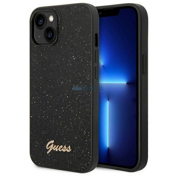 Husă originală GUESS GUHCP14MHGGSHK pentru iPhone 14 PLUS (Fulgi sclipici Script Logo Metal / negru)