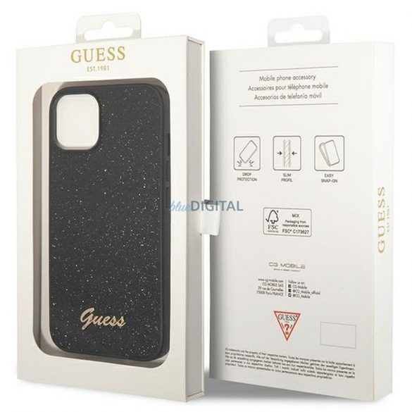 Husă originală GUESS GUHCP14MHGGSHK pentru iPhone 14 PLUS (Fulgi sclipici Script Logo Metal / negru)