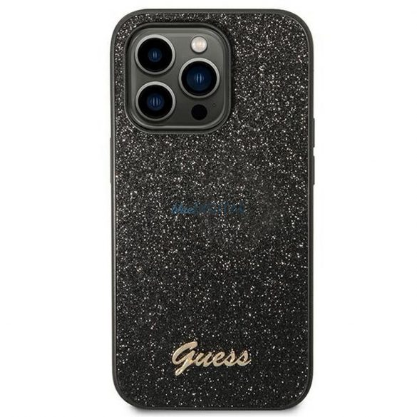 Husă originală GUESS GUHCP14LHGGSHK pentru iPhone 14 PRO (Glitter Flakes Script Metal Logo / negru)