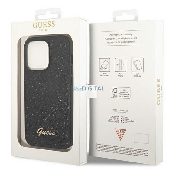 Husă originală GUESS GUHCP14LHGGSHK pentru iPhone 14 PRO (Glitter Flakes Script Metal Logo / negru)