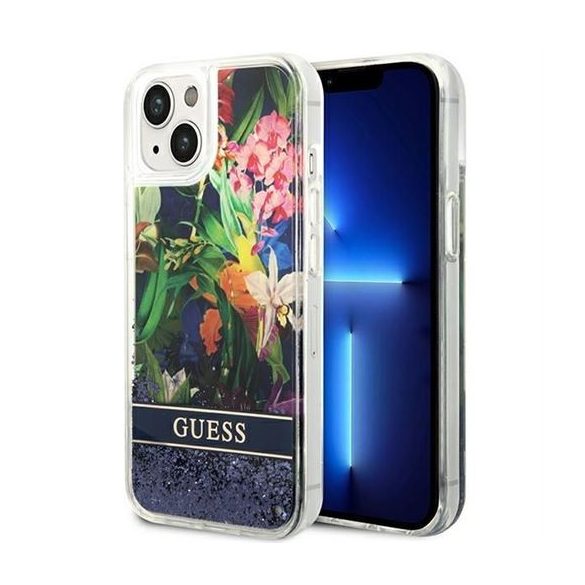 Husa GUESS pentru IPHONE 13 / 14 / 15 GUHCP14SLFLSB (Flower Liquid Glitter) albastra