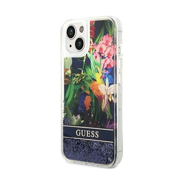 Husa GUESS pentru IPHONE 13 / 14 / 15 GUHCP14SLFLSB (Flower Liquid Glitter) albastra