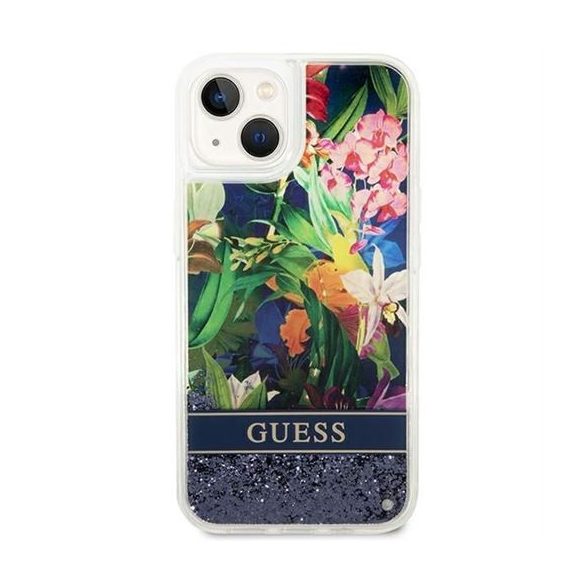 Husa GUESS pentru IPHONE 13 / 14 / 15 GUHCP14SLFLSB (Flower Liquid Glitter) albastra