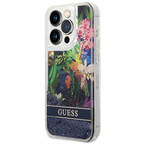 Husă GUESS pentru IPHONE 14 Pro GUHCP14LLFLSB (Flower Liquid Glitter) albastră