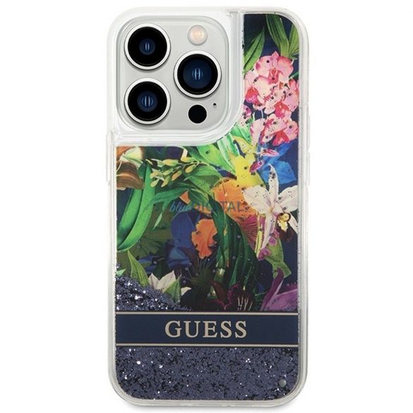 Husă GUESS pentru IPHONE 14 Pro GUHCP14LLFLSB (Flower Liquid Glitter) albastră