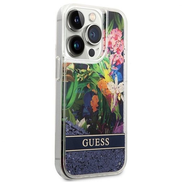 Husă GUESS pentru IPHONE 14 Pro GUHCP14LLFLSB (Flower Liquid Glitter) albastră