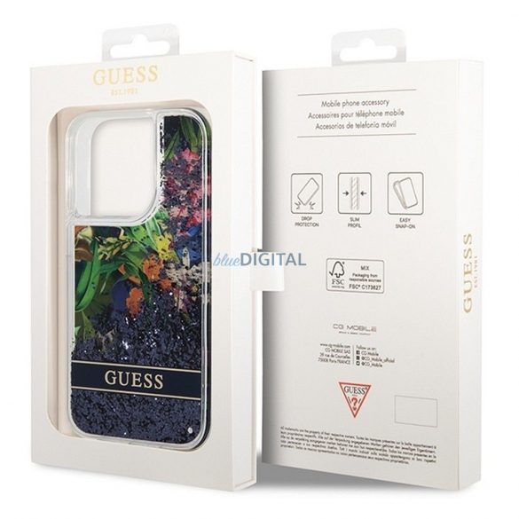 Husă GUESS pentru IPHONE 14 Pro GUHCP14LLFLSB (Flower Liquid Glitter) albastră