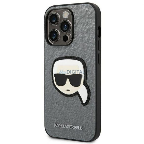 Husă originală KARL LAGERFELD KLHCP14LSAPKHG pentru iPhone 14 PRO (Saffiano cu plasture Karl Head / argintiu)