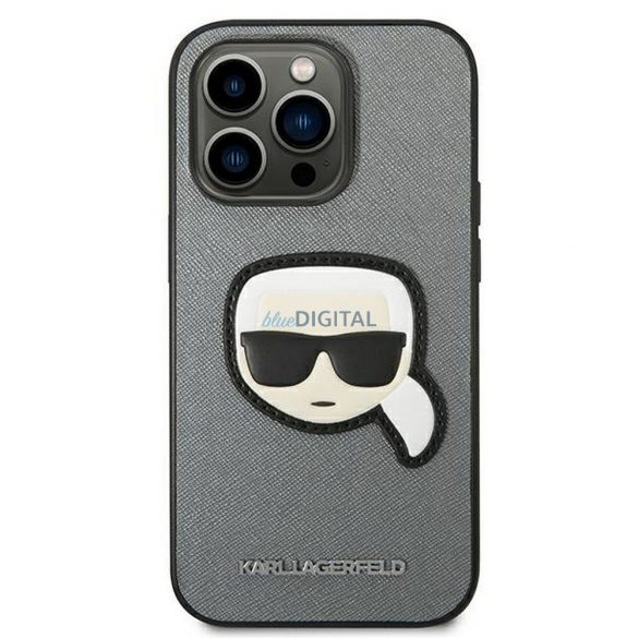 Husă originală KARL LAGERFELD KLHCP14LSAPKHG pentru iPhone 14 PRO (Saffiano cu plasture Karl Head / argintiu)