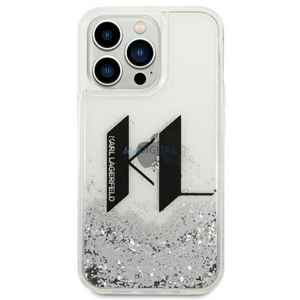 Husă originală KARL LAGERFELD KLHCP14LLBKLCS pentru iPhone 14 PRO (Liguid Glitter Big KL Logo / argintiu)