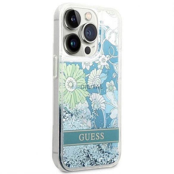 Husă originală GUESS GUHCP14LLFLSN pentru iPhone 14 PRO (Lichide Glitter Flower / verde)