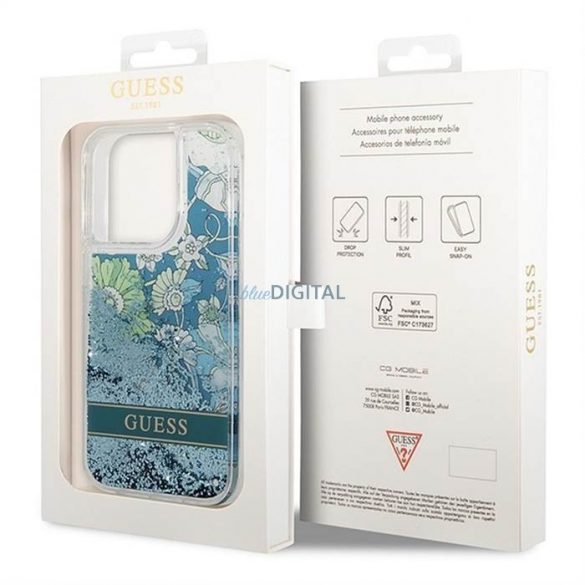 Husă originală GUESS GUHCP14LLFLSN pentru iPhone 14 PRO (Lichide Glitter Flower / verde)