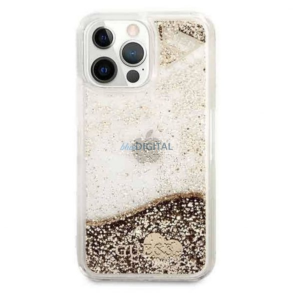 Husă originală GUESS GUOHCP14LGLHFLGO pentru iPhone 14 PRO (Liquide Glitter Charms / auriu)