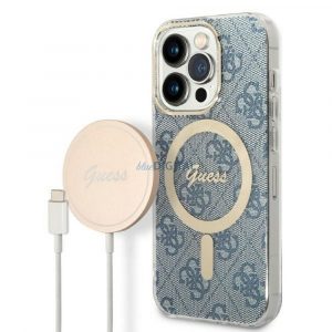 Set original GUESS GUBPP14LH4EACSB pentru iPhone 14 Pro (pachet Magsafe: carcasă + încărcător 4G / Aur - Albastru)