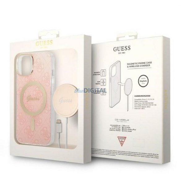 Oryginal Set GUESS GUBPP14MH4EACSP pentru iPhone 14 Plus (Bundle Pack Magsafe: Husă + Încărcător 4G / Aur - Roz)