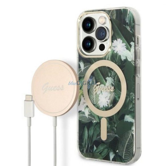 Set original GUESS GUBPP14XHJEACSA pentru iPhone 14 Pro Max (Pachet pachet Magsafe: Carcasa + Incarcator IMG Jungle / Gold - Kaki)