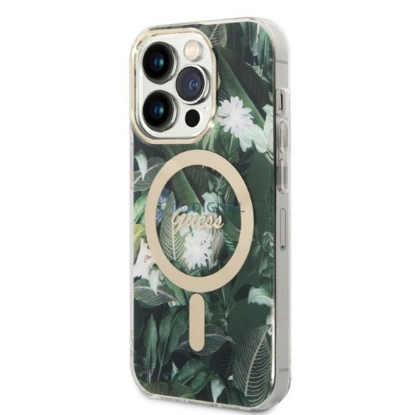 Set original GUESS GUBPP14XHJEACSA pentru iPhone 14 Pro Max (Pachet pachet Magsafe: Carcasa + Incarcator IMG Jungle / Gold - Kaki)