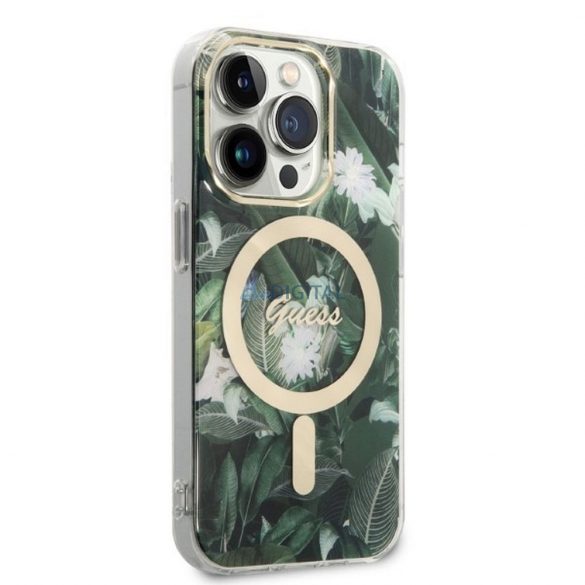 Set original GUESS GUBPP14XHJEACSA pentru iPhone 14 Pro Max (Pachet pachet Magsafe: Carcasa + Incarcator IMG Jungle / Gold - Kaki)