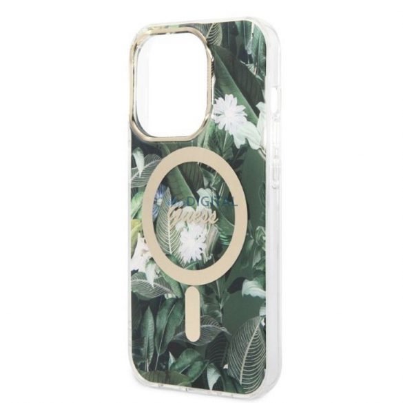 Set original GUESS GUBPP14XHJEACSA pentru iPhone 14 Pro Max (Pachet pachet Magsafe: Carcasa + Incarcator IMG Jungle / Gold - Kaki)