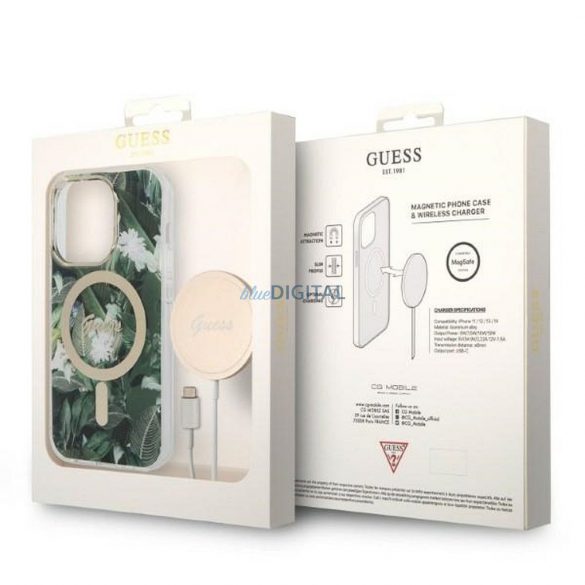 Set original GUESS GUBPP14XHJEACSA pentru iPhone 14 Pro Max (Pachet pachet Magsafe: Carcasa + Incarcator IMG Jungle / Gold - Kaki)