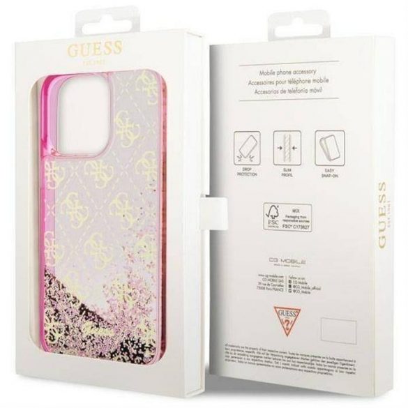 Husă originală GUESS GUHCP14LLC4PSGP pentru iPhone 14 PRO (Lichid Glitter 4G Translucid/roz)