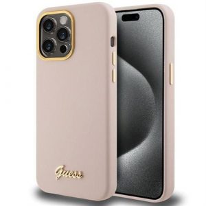 Husă GUESS pentru IPHONE 15 Pro GUHCP15LSMBSLP (Silicone Script Metal Logo & Frame) roz