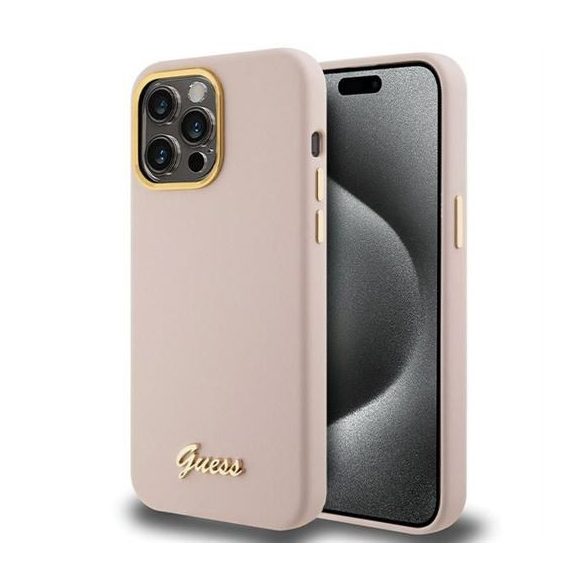 Husă GUESS pentru IPHONE 15 Pro GUHCP15LSMBSLP (Silicone Script Metal Logo & Frame) roz