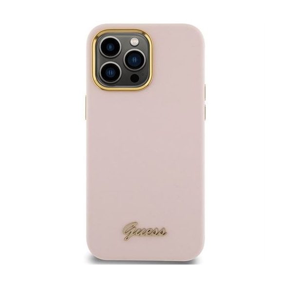 Husă GUESS pentru IPHONE 15 Pro GUHCP15LSMBSLP (Silicone Script Metal Logo & Frame) roz