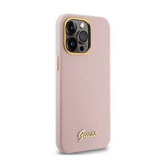 Husă GUESS pentru IPHONE 15 Pro GUHCP15LSMBSLP (Silicone Script Metal Logo & Frame) roz