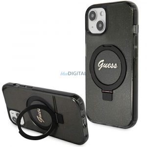 Husă originală GUESS GUHMP15SHRSGSK pentru iPhone 15 (Magsafe / Logo Glitter Script / Suport inel / negru)