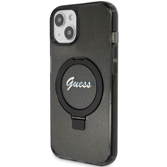 Husă originală GUESS GUHMP15SHRSGSK pentru iPhone 15 (Magsafe / Logo Glitter Script / Suport inel / negru)