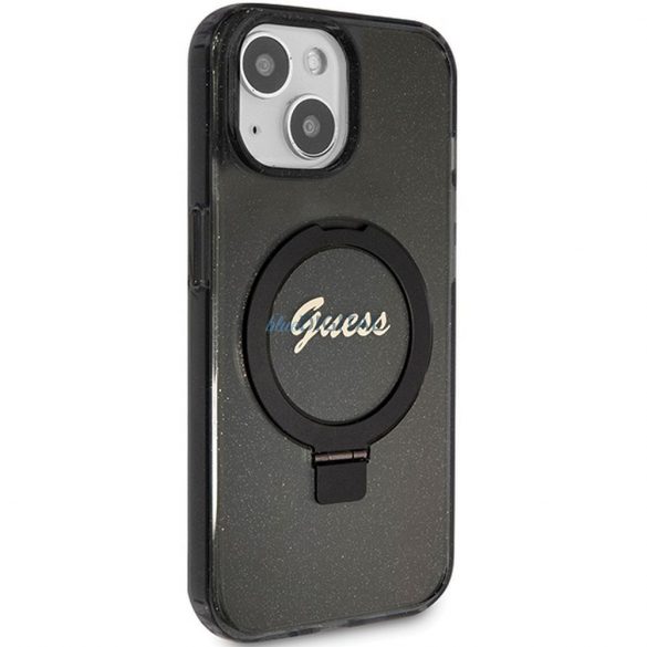 Husă originală GUESS GUHMP15SHRSGSK pentru iPhone 15 (Magsafe / Logo Glitter Script / Suport inel / negru)