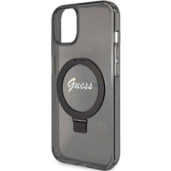 Husă originală GUESS GUHMP15SHRSGSK pentru iPhone 15 (Magsafe / Logo Glitter Script / Suport inel / negru)