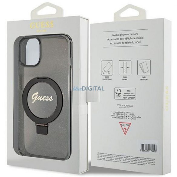 Husă originală GUESS GUHMP15SHRSGSK pentru iPhone 15 (Magsafe / Logo Glitter Script / Suport inel / negru)