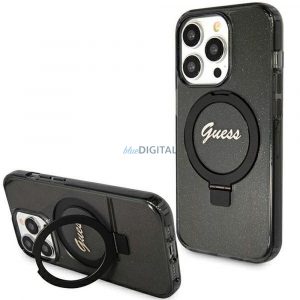 Husă originală GUESS GUHMP15LHRSGSK pentru iPhone 15 Pro (Magsafe / Logo Glitter Script / Suport inel / negru)