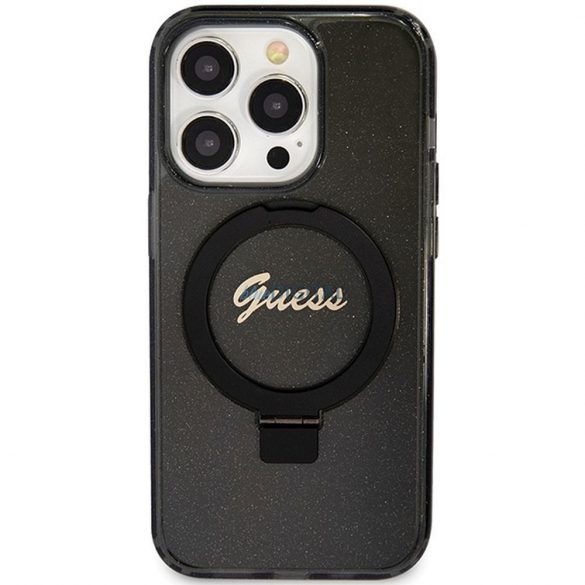 Husă originală GUESS GUHMP15LHRSGSK pentru iPhone 15 Pro (Magsafe / Logo Glitter Script / Suport inel / negru)