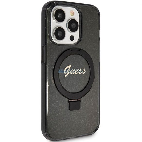 Husă originală GUESS GUHMP15LHRSGSK pentru iPhone 15 Pro (Magsafe / Logo Glitter Script / Suport inel / negru)