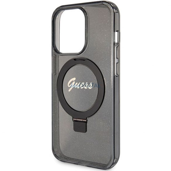 Husă originală GUESS GUHMP15LHRSGSK pentru iPhone 15 Pro (Magsafe / Logo Glitter Script / Suport inel / negru)