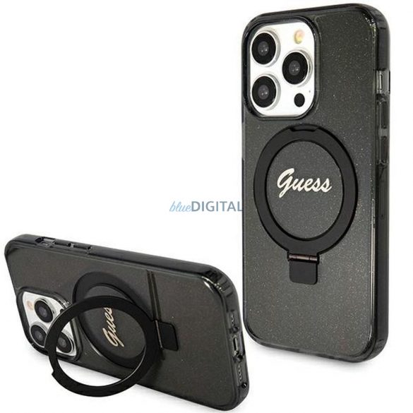 Husă originală GUESS GUHMP15XHRSGSK pentru iPhone 15 Pro Max (Magsafe / Logo Glitter Script / Suport inel / negru)