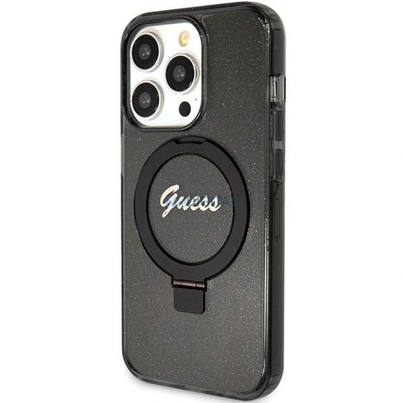 Husă originală GUESS GUHMP15XHRSGSK pentru iPhone 15 Pro Max (Magsafe / Logo Glitter Script / Suport inel / negru)