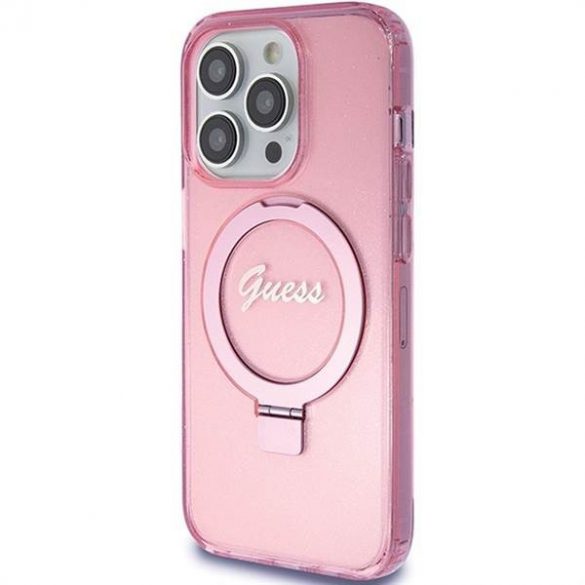 Husă originală GUESS GUHMP15LHRSGSP pentru iPhone 15 Pro (Magsafe / Logo Glitter Script / Suport inel / roz)